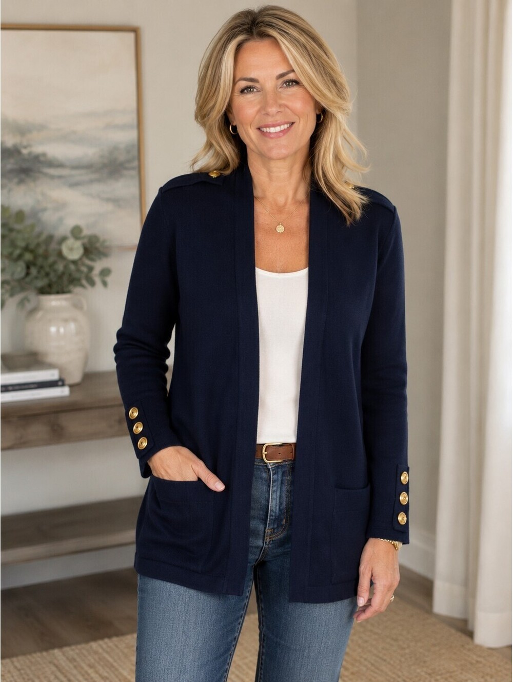 St John Classic Navy Blue Open Front Cardigan Sweater Jacket Gold Buttons S